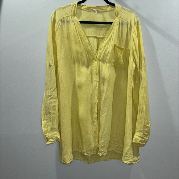 Eileen Fisher Butter Yellow 100% Irish Linen Button Down Shirt- Size Large - Picture 3 of 12